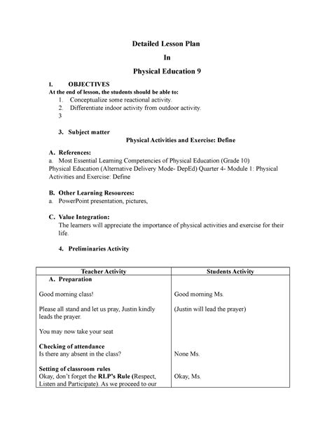 semi detailed lesson plan in physical education grade 10